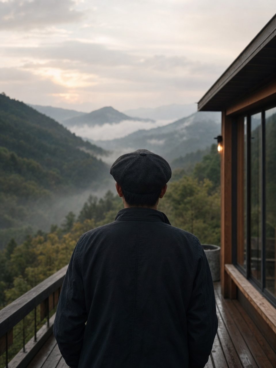朝霧の山並みを望む編集長の後ろ姿